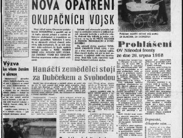 Stráž lidu, dvoustránkové vydání z 27. srpna 1968. Státní vědecká knihovna v Olomouci, sign. III 91420.